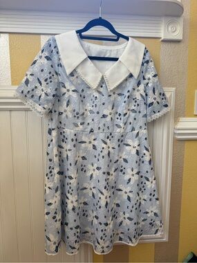 Light Blue Floral Lace Dress with White Peter Pan Collar